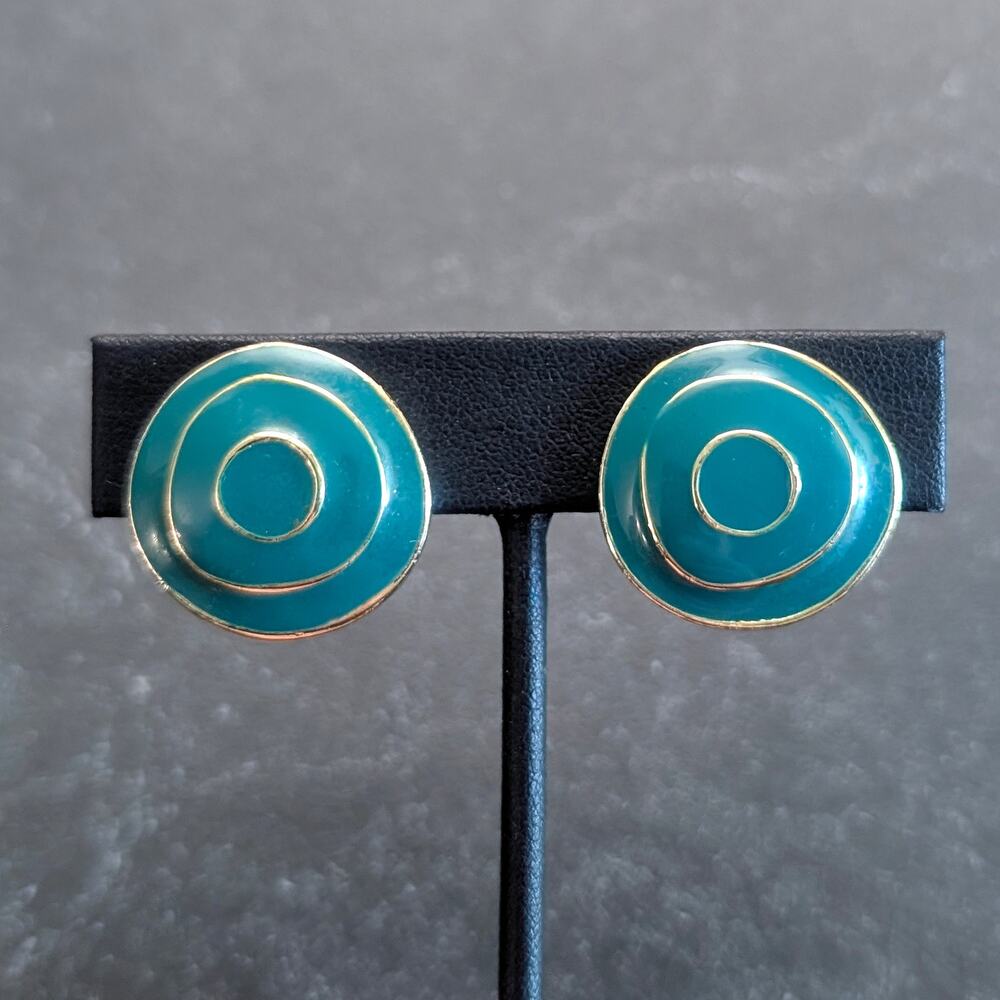 Vintage Clip On Earrings - Retro Statement Teal and Gold Tone 7/8"